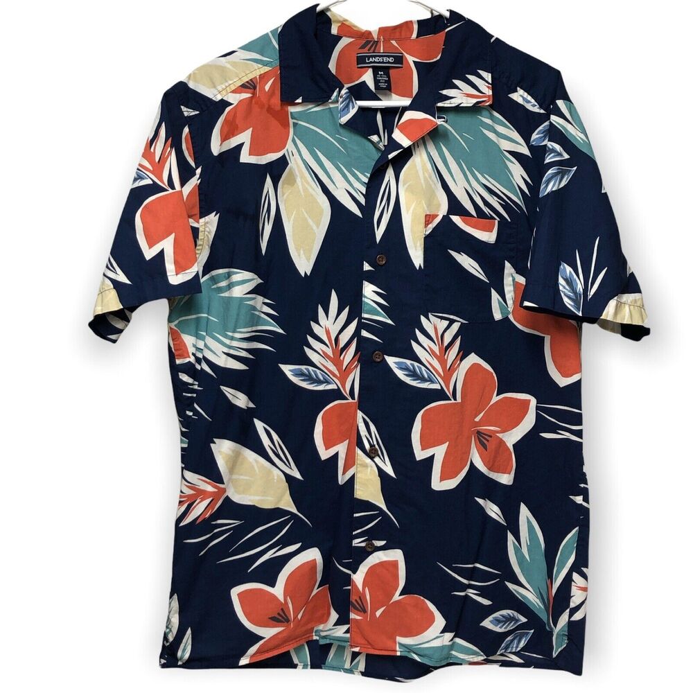 Lands’ End Hawaiian Shirt Medium Navy Blue Floral‎ Print Short Sleeve Casual